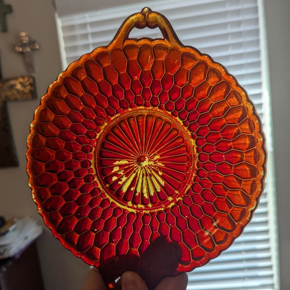 Vintage Indiana Glass Red Ruby Gold W Gold Handles Honeycomb Relish Dish Bowl